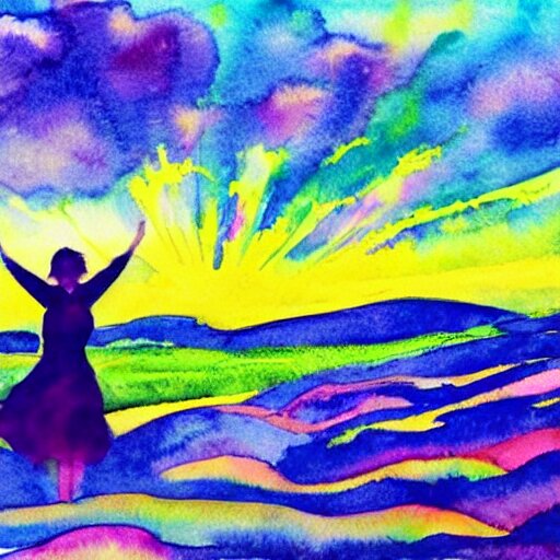 silhouette of a girl in a field of wheat, colorful clouds in the sky, watercolor