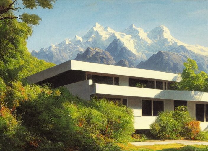 painting of a richard neutra house in front of beautiful mountains by thomas cole 