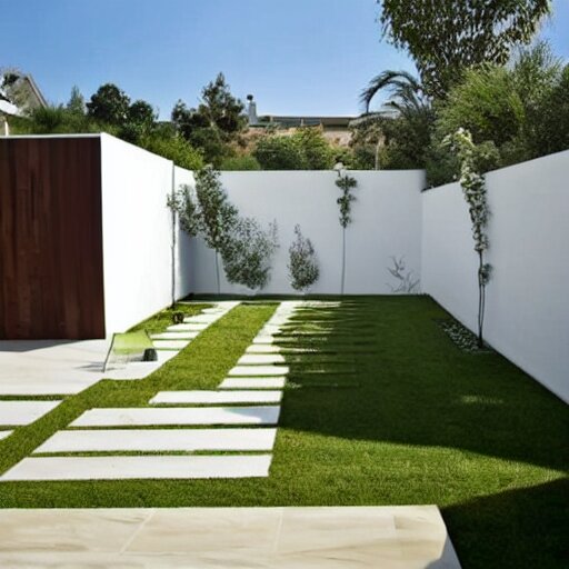 luxury small backyard walls at the sides, modern hut at the back all white, no plants, no grass, brown floor, small pool 