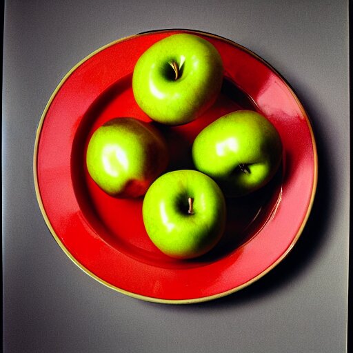 a wide angle side view realistic photo of only 3 apples on a colorful plate, award winning, food photography, by ansel adams 