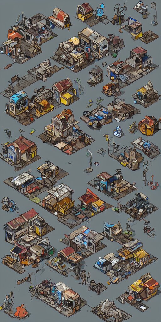 junkyard slum houses and shops. pixel art asset sheet. isometric perspective. concept art. science fiction. 