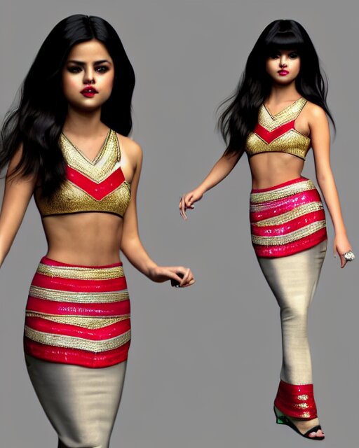 a beautiful selena gomez wearing modern stylish costume in the style of Assamese bihu mekhela sador gamosa design, commercial fashion design art by Chie Yoshii, face by artgerm and daz3d genesis iray, cinematic lighting, medium shot, mid-shot, slim female figure ramp walk model pose, highly detailed, trending on Artstation, Unreal Engine 4k, cinema 4d multi-pass ray traced, 8k fabric texture details, octane render, diffused natural skin glow