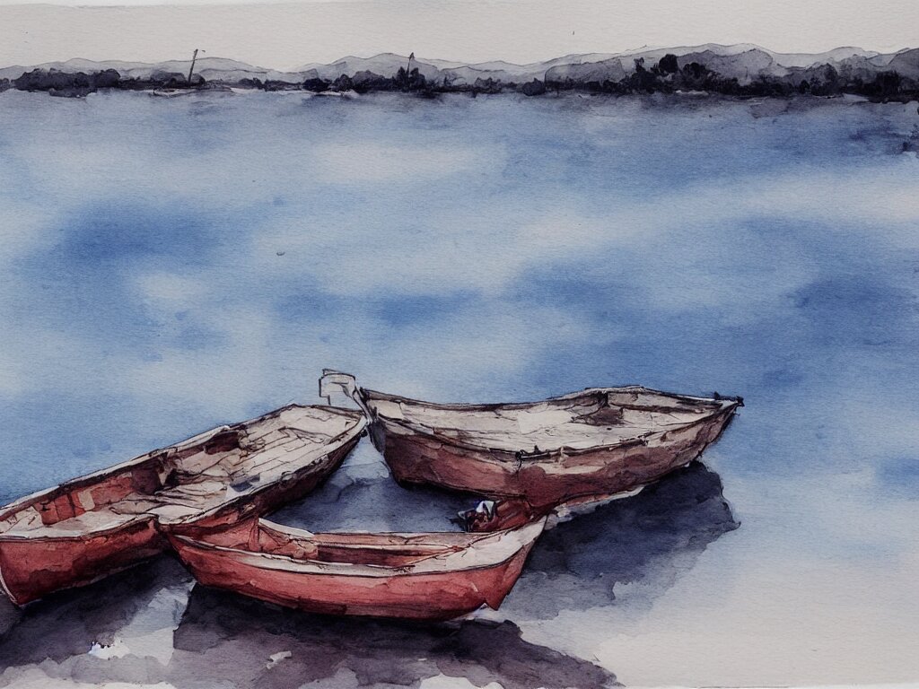 a boat is parked on the lake, there is only one person on the boat fishing, cinematic landscape ， natural light, ink painting 