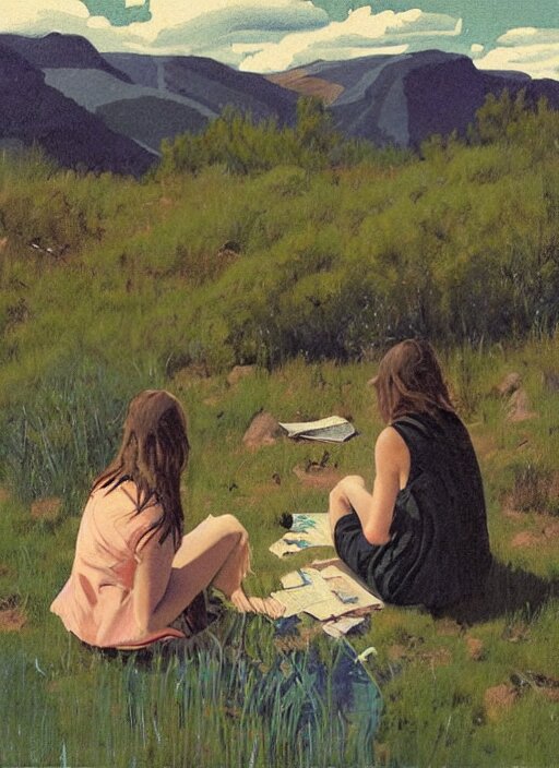 composition by justine kurland, a up - close portrait of girl friends sitting in a scenic representation of mother nature and the meaning of life by billy childish, thick visible brush strokes, shadowy landscape painting in the background by beal gifford, vintage postcard illustration, minimalist cover art by mitchell hooks 