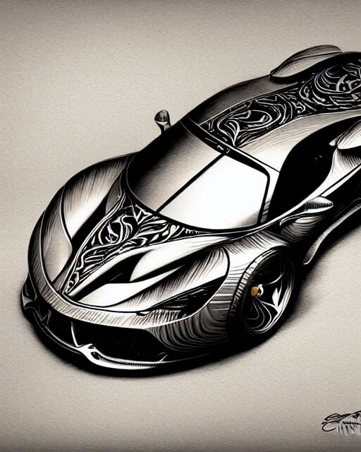 Art nouveau Ferarri car, fantasy, intricate zigzag designs, elegant, highly detailed, sharp focus, art by Artgerm and Greg Rutkowski and WLOP