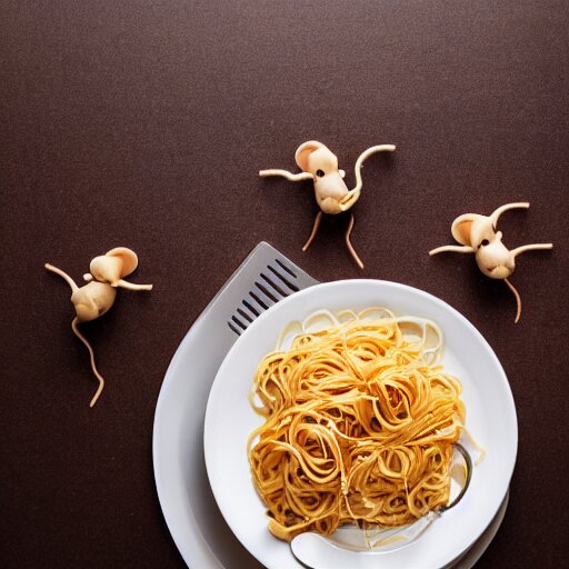 photo of mice eating pasta, dynamic lighting 