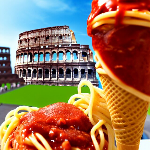 spaghetti with sauce on an ice cream cone with the colosseum in the background, realistic render, award - winning, artstation, blender, food photography 