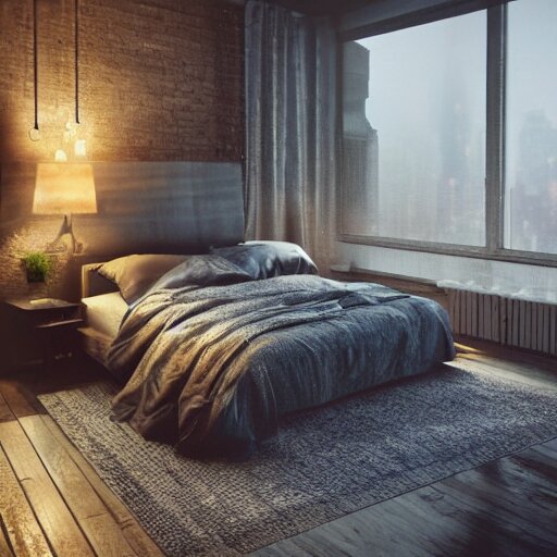 cozy rustic bedroom with a night view of new york in heavy mist, highly detailed, artstation, concept art 