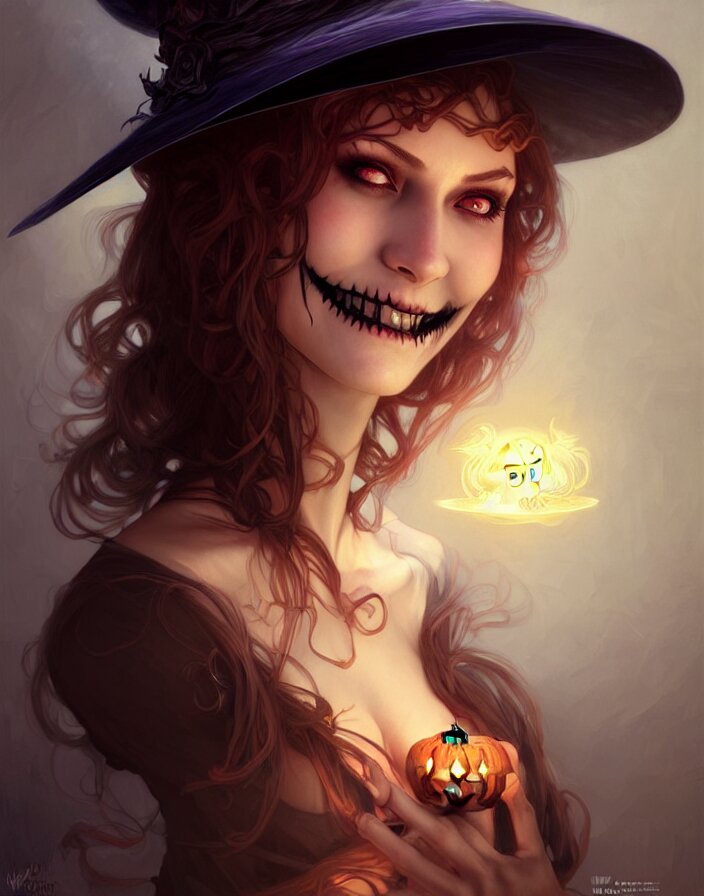 halloween witch woman in a hat smiles, fantasy magic, undercut hairstyle, dark light night, intricate, elegant, sharp focus, illustration, highly detailed, digital painting, concept art, matte, art by wlop and artgerm and greg rutkowski and alphonse mucha, masterpiece 