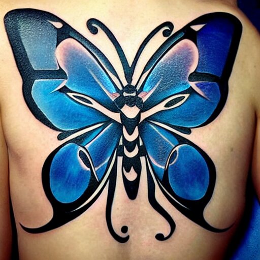 tattoo design, stencil, traditional, big blue diabetes ribbon transforming into a butterfly, upper body, by artgerm, artgerm, digital art