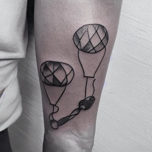 a tattoo of multiple small balloons floating up, tattoo art, black and white tattoo,