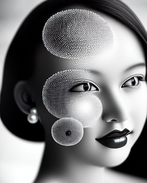 black and white dreamy young beautiful female artificial intelligence, realistic pearl ornament in the face, long hair are intricate with highly detailed realistic pearls, cinematic, rim light, bokeh, photo - realistic, elegant, high detail, 8 k, masterpiece, photo taken in 1 9 3 0 