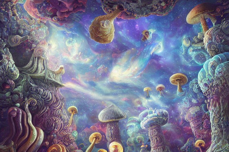 trippy cosmic mushroom, oil on canvas, intricate, portrait, 8k highly professionally detailed, HDR, CGsociety, illustration painting by Mandy Jurgens and Małgorzata Kmiec and Dang My Linh and Lulu Chen and Alexis Franklin and Filip Hodas and Pascal Blanché and Bastien Lecouffe Deharme, detailed intricate ink illustration, heavenly atmosphere, detailed illustration, hd, 4k, digital art, overdetailed art, concept art, complementing colors, trending on artstation, Cgstudio, the most beautiful image ever created, dramatic, subtle details, illustration painting by alphonse mucha and frank frazetta daarken, vibrant colors, 8K, style by Wes Anderson, award winning artwork, high quality printing, fine art, gold elements, intricate, epic lighting, very very very very beautiful scenery, 8k resolution, digital painting, sharp focus, professional art, atmospheric environment, art by artgerm and greg rutkowski, by simon stålenhag, rendered by Beeple, by Makoto Shinkai, syd meade, 8k ultra hd, artstationHD, 3d render, hyper detailed, elegant, by craig mullins and marc simonetti, Ross Tran and WLOP, by Andrew Wyeth and Gerald Brom, John singer Sargent and James gurney