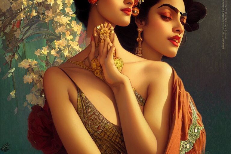 sensual bengali girl, art deco portrait, elegant, intricate, digital painting, artstation, concept art, smooth, sharp focus, illustration, art by artgerm and greg rutkowski and alphonse mucha 