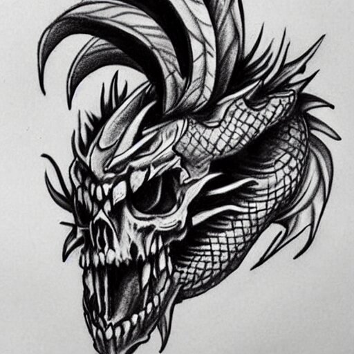 Very detailed masterpiece tattoo sketch of Dragon with skull