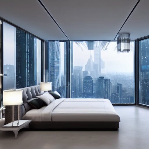 a futuristic luxury white bedroom with ceiling high windows looking out to a cyberpunk cityscape