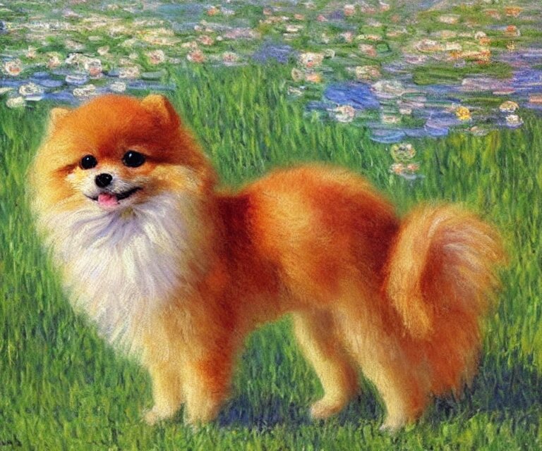 pomeranian, cute, monet, oil painting 