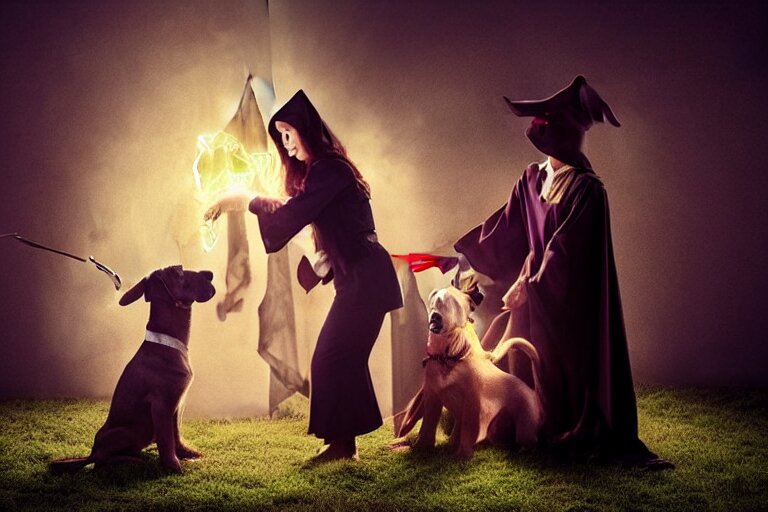 puppy wizard casting a magic spell on an evil witch, majestic pose, dramatic lighting, cinematic scene 