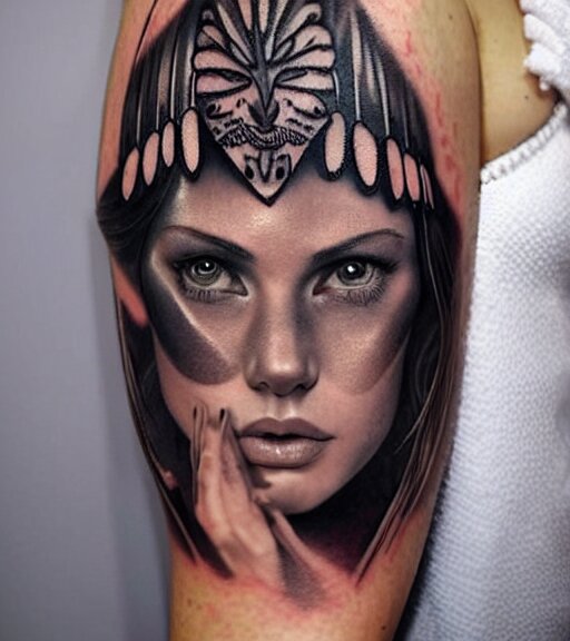 tattoo design on white background of a beautiful girl warrior, hyper realistic, realism tattoo, by eliot kohek 