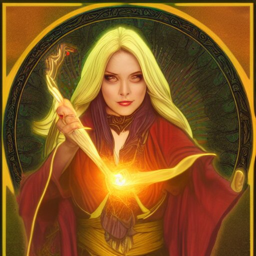 female mage is casting a magic spell, fantasy, D&D, HDR, digital art , award winning photograph, 8k, Mucha style,