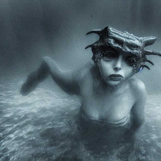 sea monster, wide angle, pov underwater, pale skin, dark, foggy  