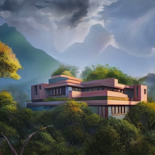 modernist house inspired by a tibetan palace, on a green hill between big trees, colorful clouds, dramatic lighting, artstation, matte painting, raphael lacoste, simon stalenhag, frank lloyd wright, zaha hadid 