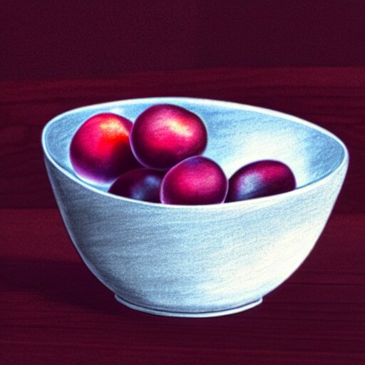 concept art drawing of a single thick porcelain bowl filled with a few moist freshly picked plums on a wooden table. volumetric lighting. small scale. artistic. top down. 