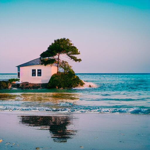 small house on an island beach, gentle waves 