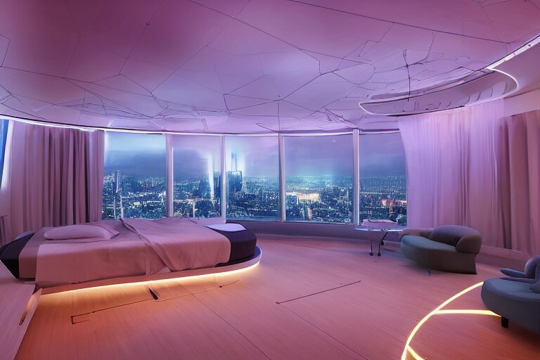 a futuristic sparse bedroom with large curved ceiling high windows looking out to a far future cyberpunk cityscape, flying drones outside, night time, cyberpunk neon lights, raining