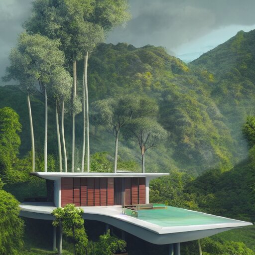 modernist house inspired by a tibetan palace on a hill, big green trees, colorful clouds, dramatic lighting, artstation, matte painting, raphael lacoste, simon stalenhag, frank lloyd wright, zaha hadid 