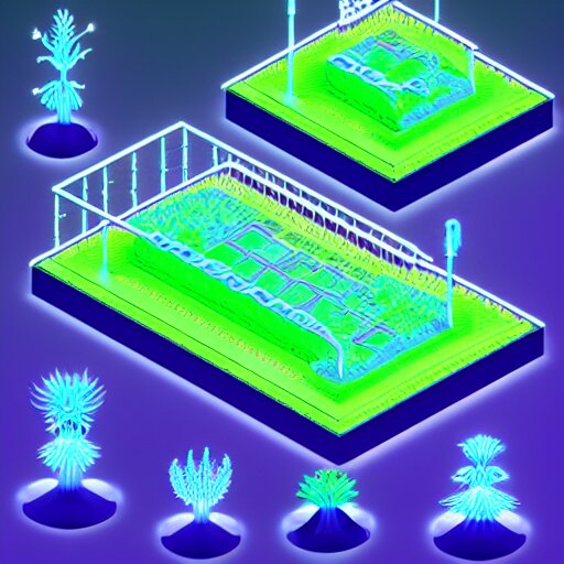 3 d mobile game asset is an isometric staircase with an organic isometric design based on bioluminescent alien - like plants inspired by the avatar's bioluminescent alien nature. around the stair, we can see plants that glow in the dark. all in isometric perspective and semi - realistic style item is in a black background 