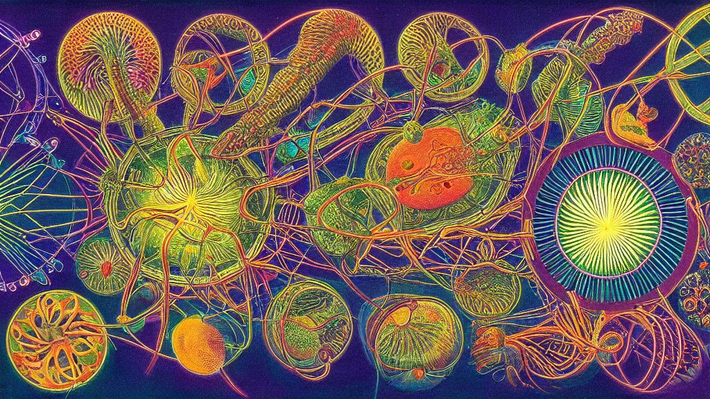 quantum connections represented as symbiotic organisms like cells playing around with colorful lights by ernst haeckel, smooth, sharp, realistic 