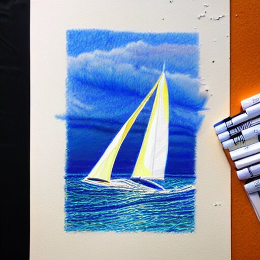  Colored pencil art on paper, Sailboat surfing the waves, highly detailed, artstation, MasterPiece, Award-Winning, Caran d'Ache Luminance