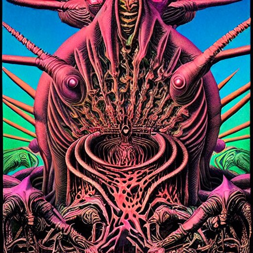 stoner metal album cover in the style of wayne barlowe and  kenny scharf and philippe druillet, realistic, insanely detailed, intricate, smooth, airbrush, play-doh