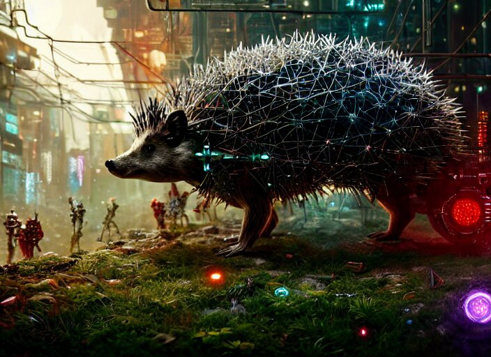  giant intricate mechanical hedgehog with cybernetic enhancements and visible gears and fiber optics, on the background of a weird magical mechanical forest. Very detailed 8k. Fantasy cyberpunk horror. Sharp. Cinematic post-processing. Unreal engine. Nanite. Ray tracing. Parallax. Tessellation