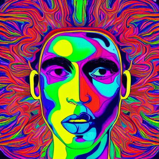 a cool colourful psychedelic face in the style of an album cover 