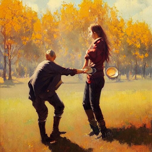 a brother and sister paying catch in autumn. phil hale. rhads. repin. 