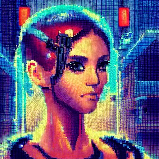 A pixel art, pointillisme potrait of a cyberpunk cyborg girl with big and cute eyes, fine-face, realistic shaded perfect face, fine details. Very anime style. Realistic shaded lighting poster by Ilya Kuvshinov katsuhiro, magali villeneuve, artgerm, Jeremy Lipkin and Michael Garmash, Rob Rey and Kentarõ Miura style, trending on art station