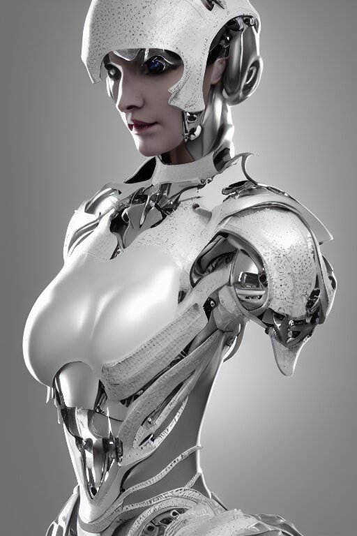 white cyborg fashion shot, copper spiral decorations, white elegant baroque design, smooth heads, headshot half figure, photorealistic, 8k, hyper detailed, unreal engine, trending on artstation,