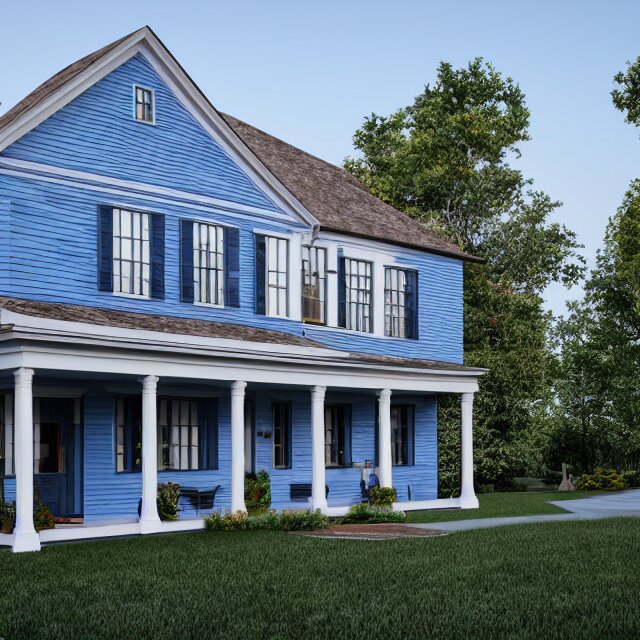 modern new england colonial house with a round blue door, brick cape house, realistic, unreal engine render, octane render, hyper realistic, photo, 8 k 