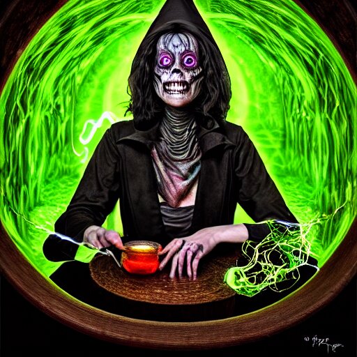 a portrait of a scary ugly witch that is brewing a wicked potion in her cauldron that is marked with magical symbol that are glowing, highly detailed, digital photo, hdri, by christopher bretz and john carpenter, vivid colors, high contrast, 8 k resolution, intricate, photorealistic, smooth, psychedelic color scheme, concept art, award winning, cg society contest winner 