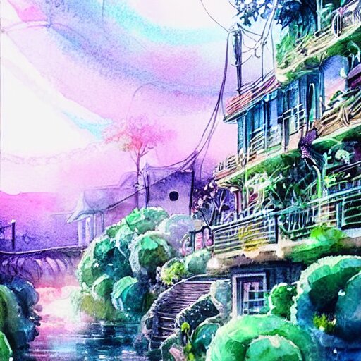 Beautiful happy picturesque charming sci-fi town in harmony with nature. Beautiful light. Water and plants. Nice colour scheme, soft warm colour. Beautiful artistic watercolor by Lurid. (2022)