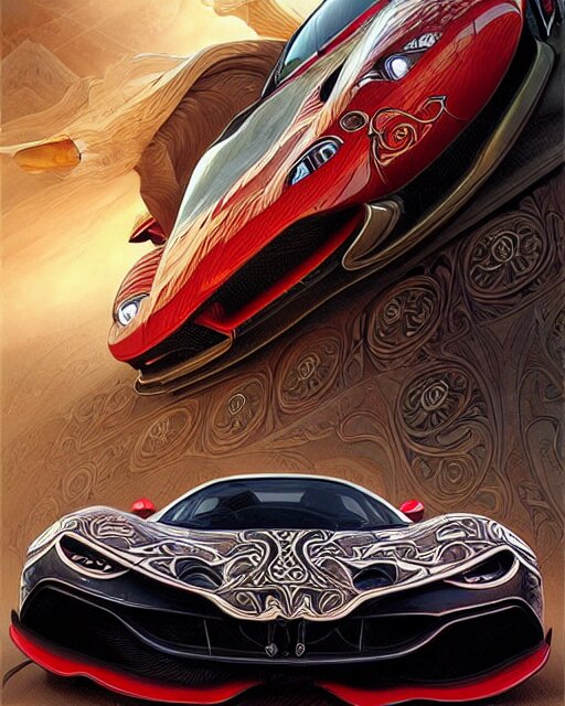 Art nouveau Ferarri car, fantasy, intricate zigzag designs, elegant, highly detailed, sharp focus, art by Artgerm and Greg Rutkowski and WLOP