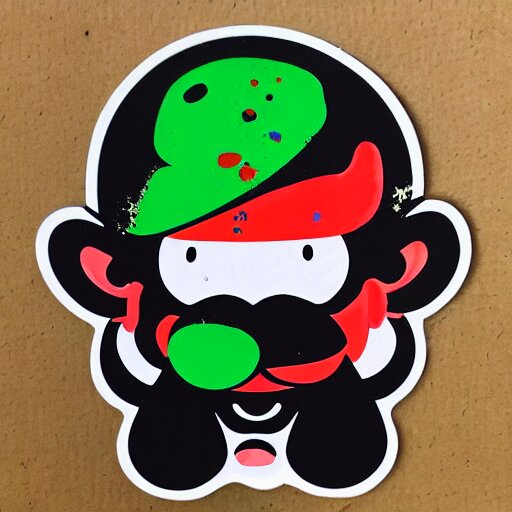 die cut sticker, yoshi wearing mario's mustache, splatter paint 