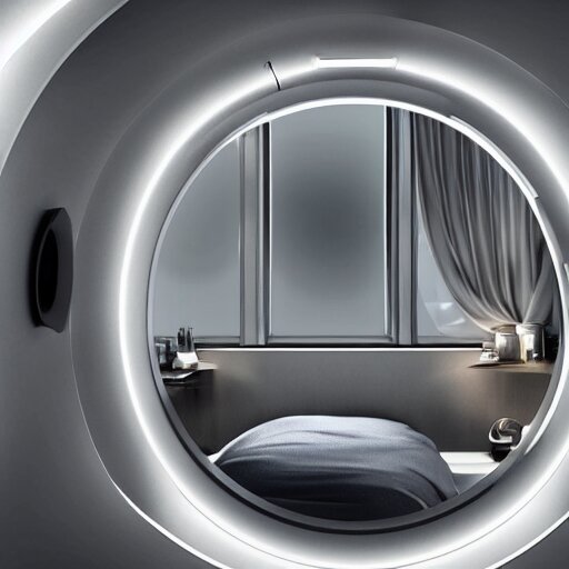 small single bedroom inside space ship with round window looking into space, gray metallic walls, style of engine factory room, 1960s, science fiction, ultra realistic, 4k.