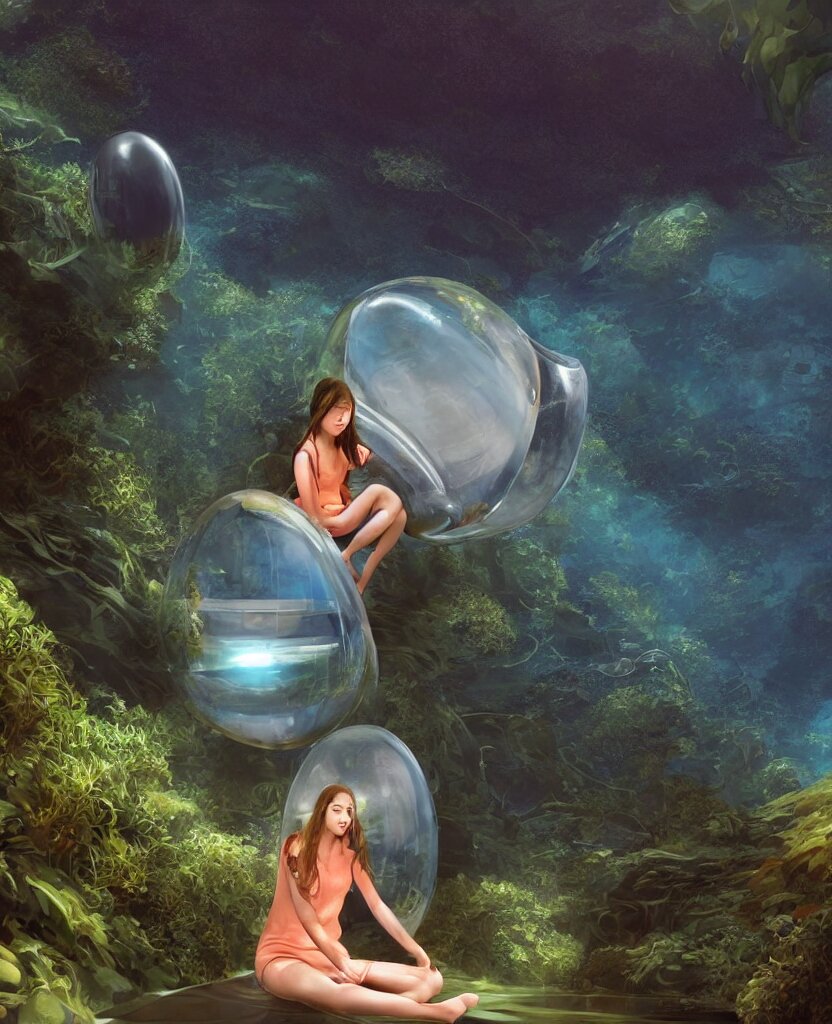 a girl sitting in a large glass egg - shaped submersible, surrounded by a deep exotic underwater canyon kelp forest, by noriyoshi ohrai, ron walotsky, ralph mcquarrie, soft natural volumetric lighting, realistic 4 k unreal engine 5 beautifully detailed render, 4 k post processing 