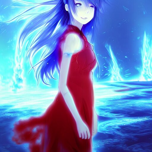 advanced digital anime art, a very cute gorgeous teenage girl made of fire and ice with red fiery watery eyes glancing over her left shoulder wearing a dress made of water is standing in an apocalyptic burning city, full body, full round face, dramatic cinematic lighting, highly intricately detailed, trending on pixiv, Artstation, painted by Rossdraws and the style of Sakimimichan