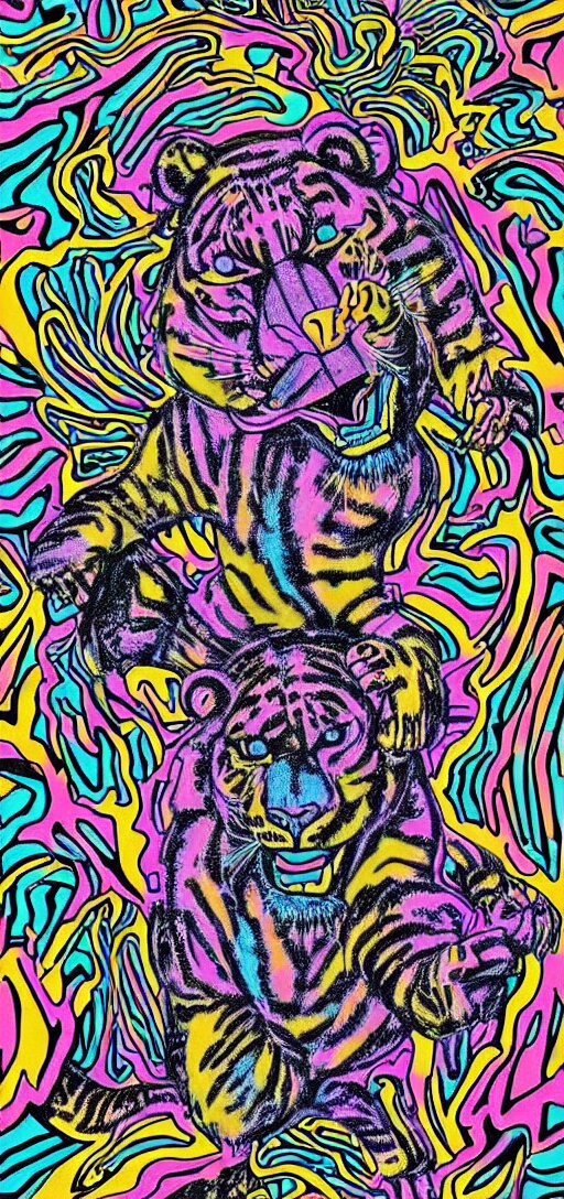 tony the tiger dissolving into neon cereal pieces, cubensis, aztec, basil wolverton, r crumb, hr giger, mc escher, dali, muted but vibrant colors, rainbow tubing 