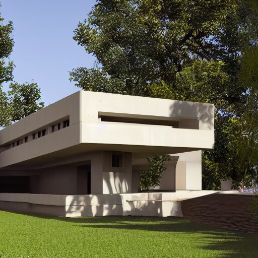 a photorealistic house by frank loyd wright, brutalism, concrete, bauhaus, 4k