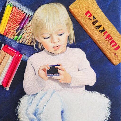 4 year old blonde girl with iphone colored pencil on white background by eloise wilkin 